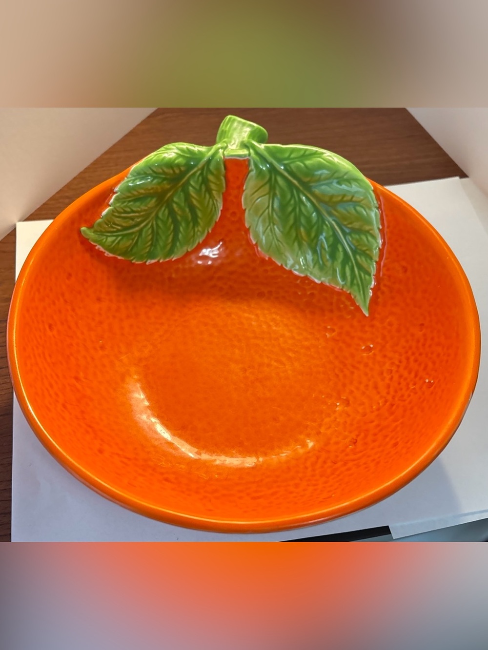 Vintage Orange Ceramic Fruit Bowl with Green Leaf Accent Japan